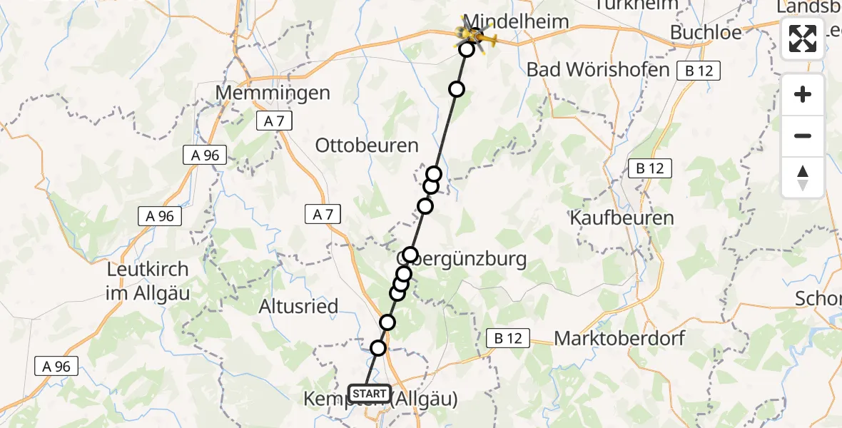 Flugroute Rettungshubschrauber Kempten (Allgäu) - Stetten, 11 Juni 2026, 07:06