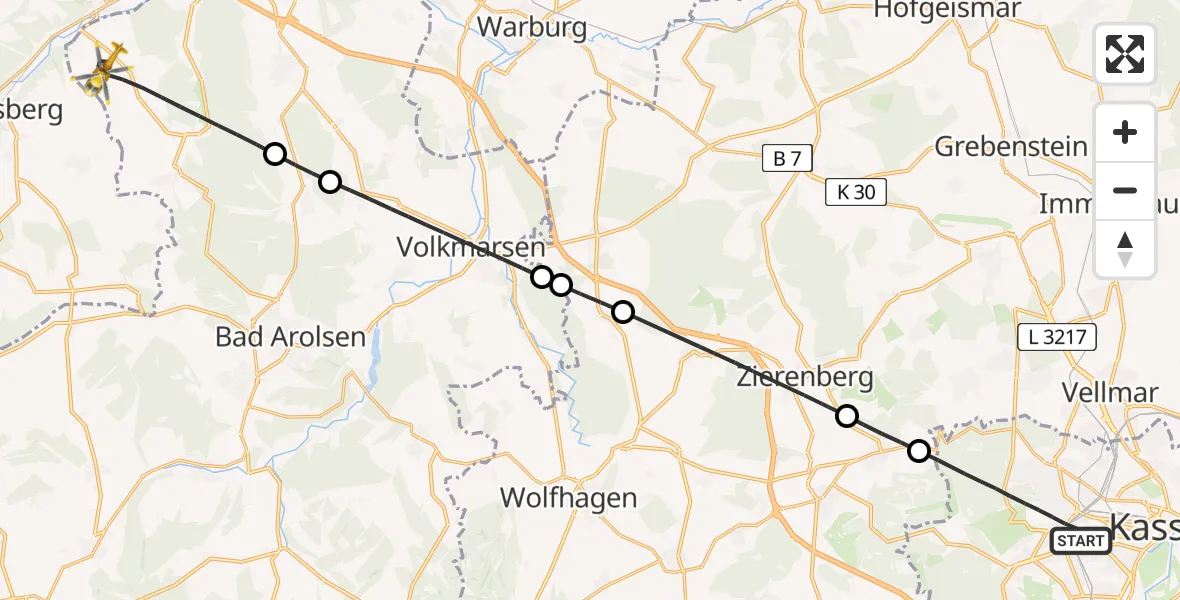 Flugroute Rettungshubschrauber Kassel - Diemelstadt, 11 Juni 2026, 07:15