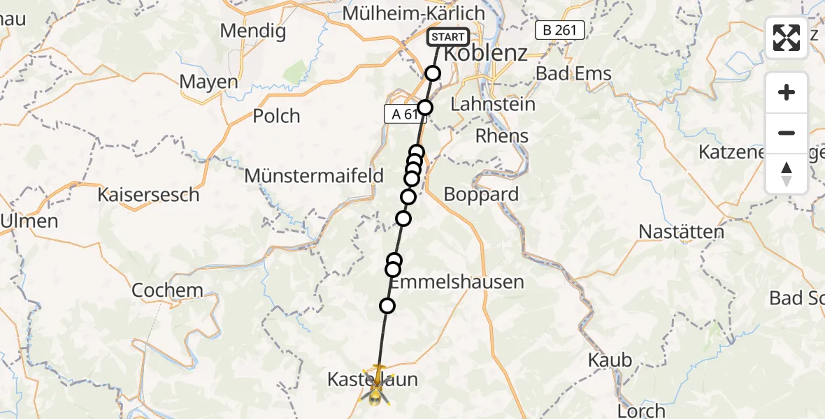 Flugroute Rettungshubschrauber Koblenz - Kastellaun, 11 Juni 2026, 07:15