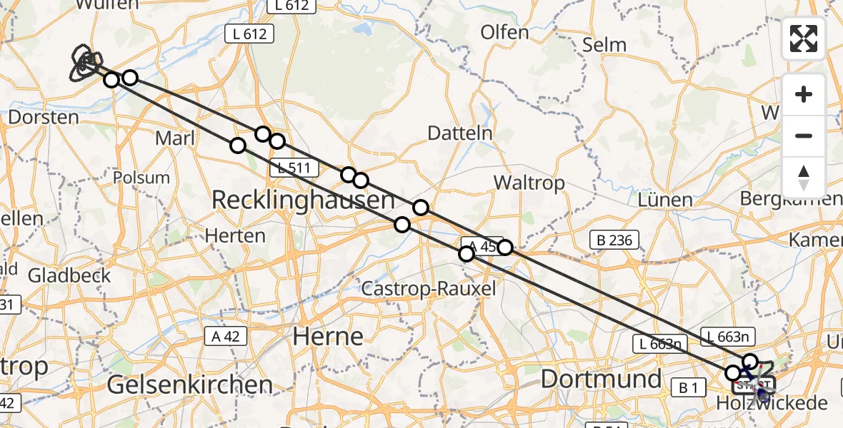 Flugroute Polizeihubschrauber Dortmund Flughafen - Dortmund Flughafen, 11 Juni 2026, 07:17