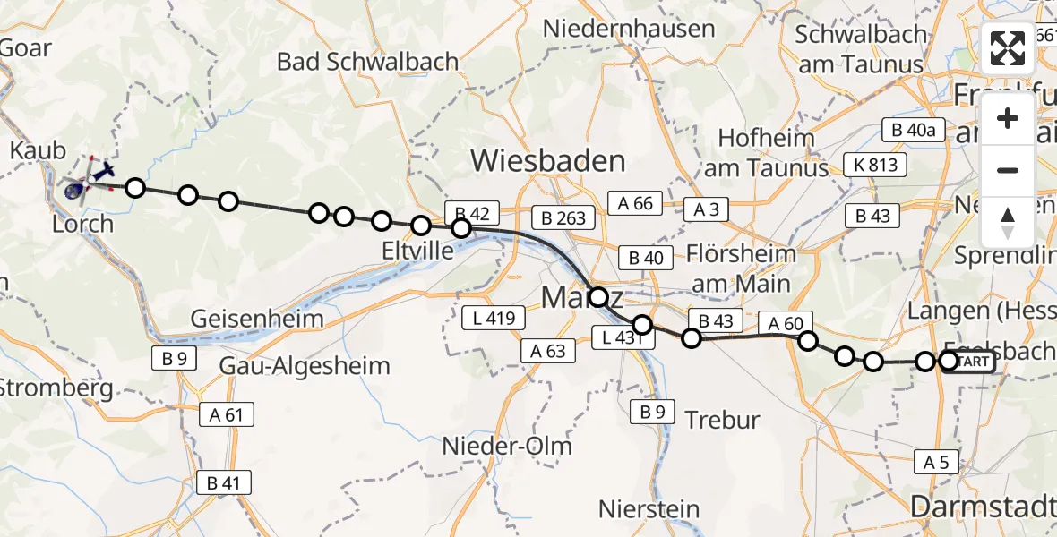 Flugroute Polizeihubschrauber Flughafen Frankfurt-Egelsbach - Lorch, 11 Juni 2026, 07:23