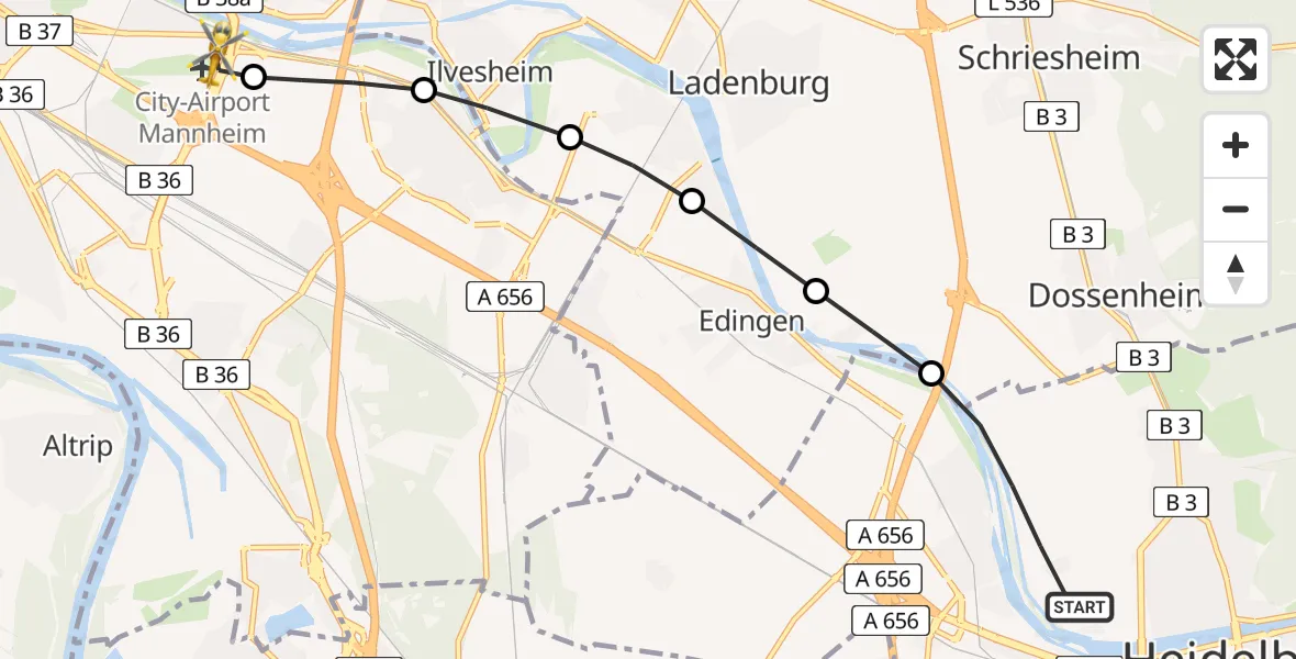 Flugroute Rettungshubschrauber Heidelberg - Mannheim-City Flughafen, 11 Juni 2026, 07:23