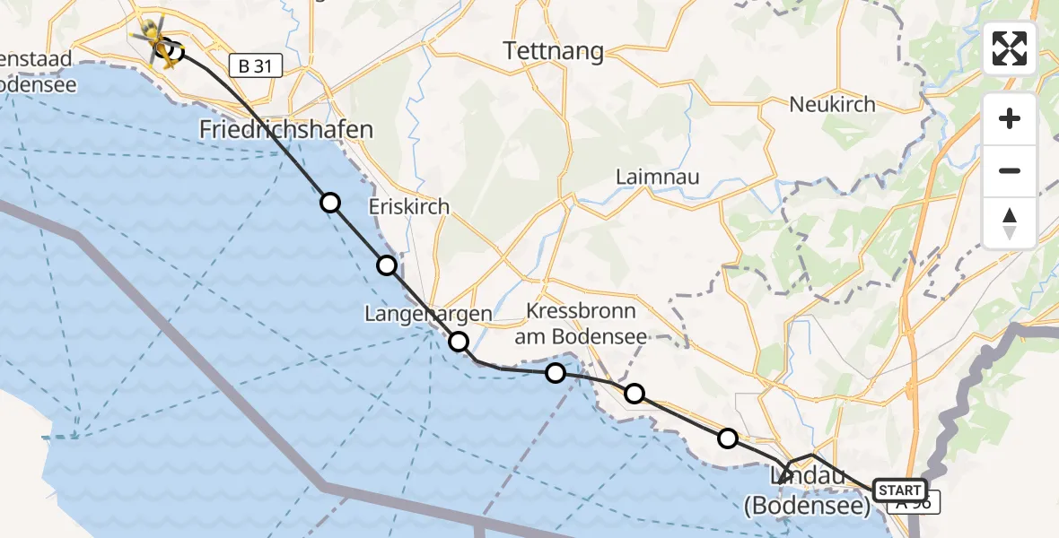 Flugroute Rettungshubschrauber Lindau (Bodensee) - Friedrichshafen Hospital, 11 Juni 2026, 07:30