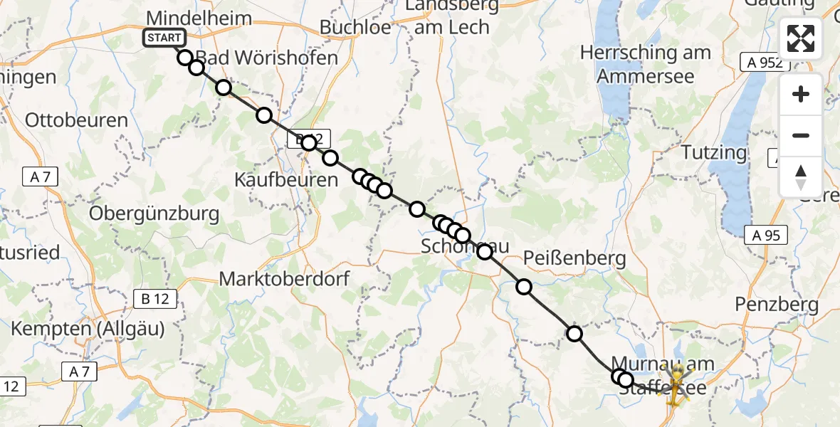 Flugroute Rettungshubschrauber Stetten - Murnau a.Staffelsee, 11 Juni 2026, 07:32