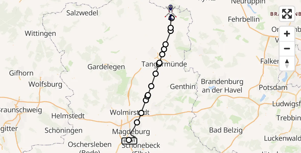 Flugroute Polizeihubschrauber Magdeburg City Flugplatz - Havelberg, 11 Juni 2026, 07:36