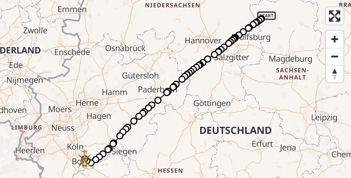 Flugroute Rettungshubschrauber Beetzendorf - Bonn-Hangelar Flugplatz, 11 Juni 2026, 07:39