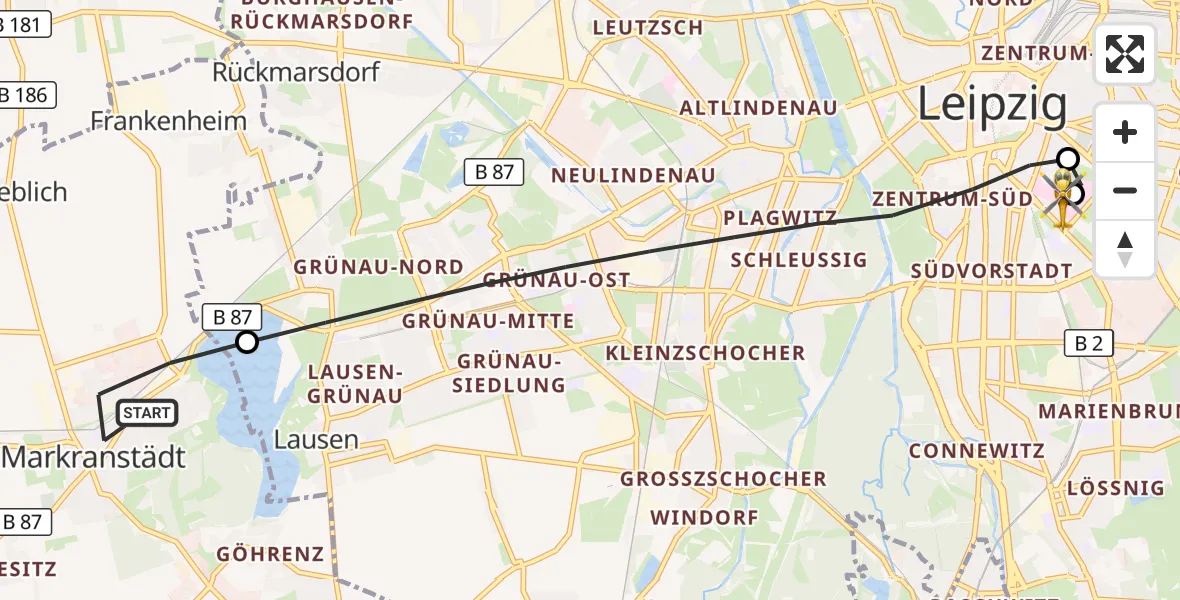 Flugroute Rettungshubschrauber Markranstädt - Leipzig University Hospital Heliport 1, 11 Juni 2026, 07:40