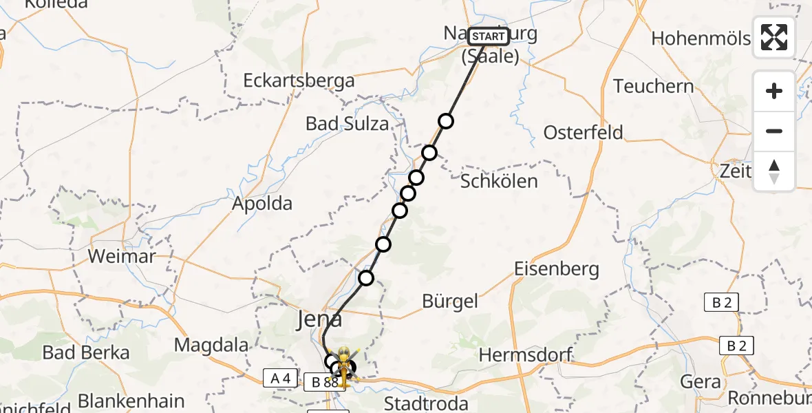 Flugroute Rettungshubschrauber Naumburg (Saale) - Jena University Hospital, 11 Juni 2026, 07:41