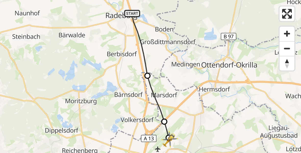 Flugroute Rettungshubschrauber Radeburg - Dresden Bundespolizei Hubschrauberlandeplatz, 11 Juni 2026, 07:42