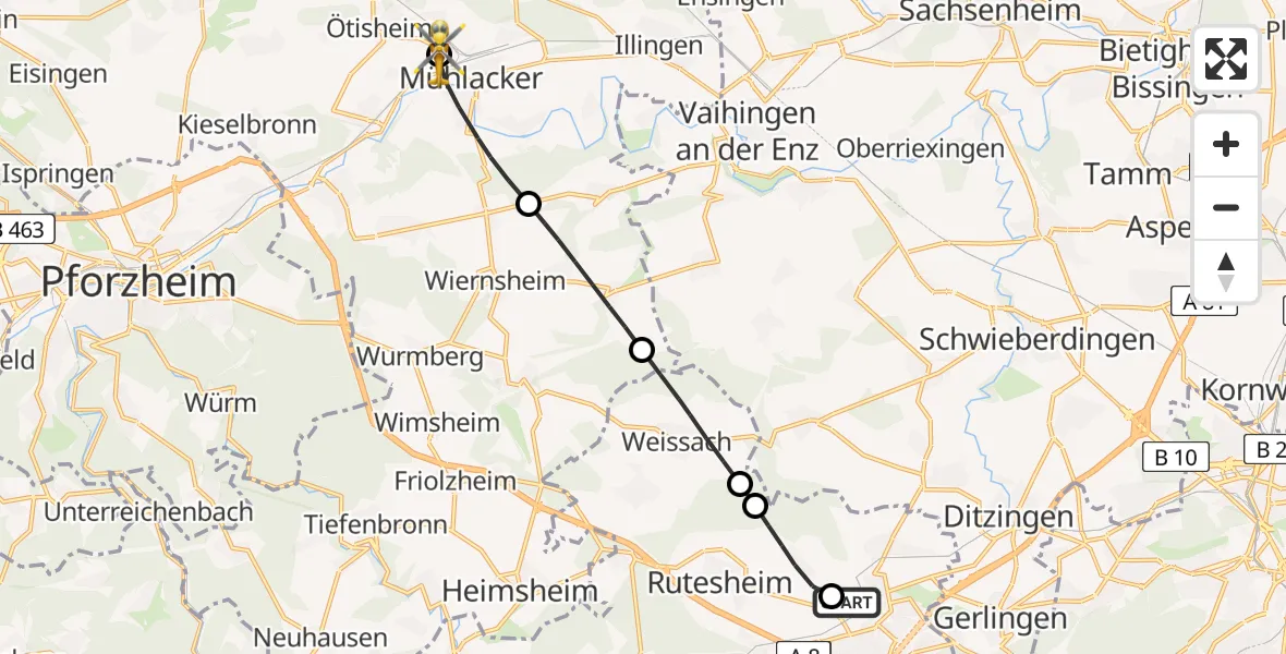 Flugroute Rettungshubschrauber Leonberg Hospital - Ötisheim, 11 Juni 2026, 07:42