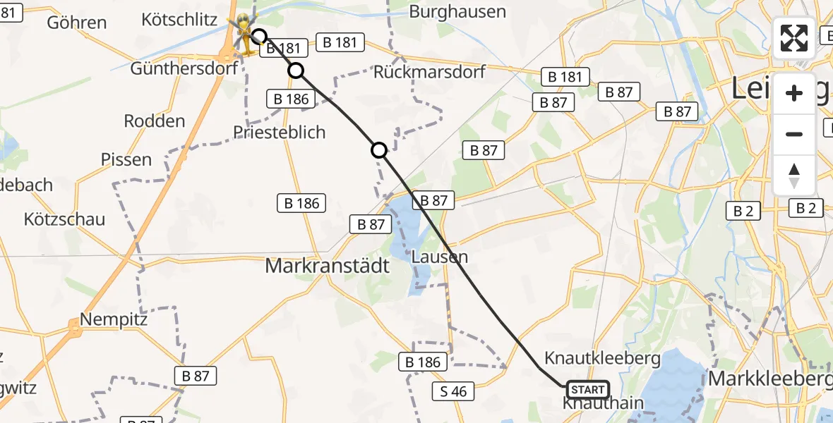 Flugroute Rettungshubschrauber Leipzig - ADAC Air Rescue Station Leipzig/Schkeuditz-Dölzig Hubschrauberlandeplatz (Christoph 61), 11 Juni 2026, 07:42