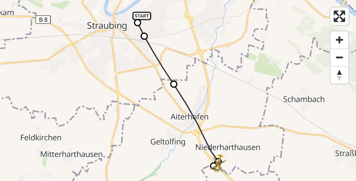 Flugroute Rettungshubschrauber Sankt Elisabeth Hospital Straubing - Aiterhofen, 11 Juni 2026, 07:52