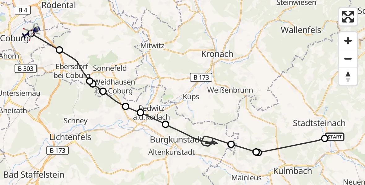Flugroute Polizeihubschrauber Stadtsteinach - Coburg-Brandensteinsebene Flugplatz, 11 Juni 2026, 07:58