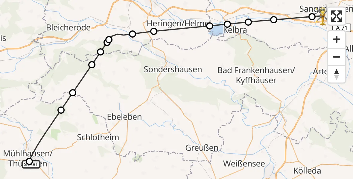 Flugroute Rettungshubschrauber Hufeland Hospital - Sangerhausen, 11 Juni 2026, 08:02