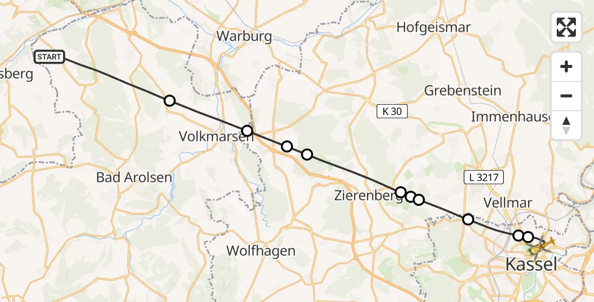Flugroute Rettungshubschrauber Diemelstadt - Kassel, 11 Juni 2026, 08:02