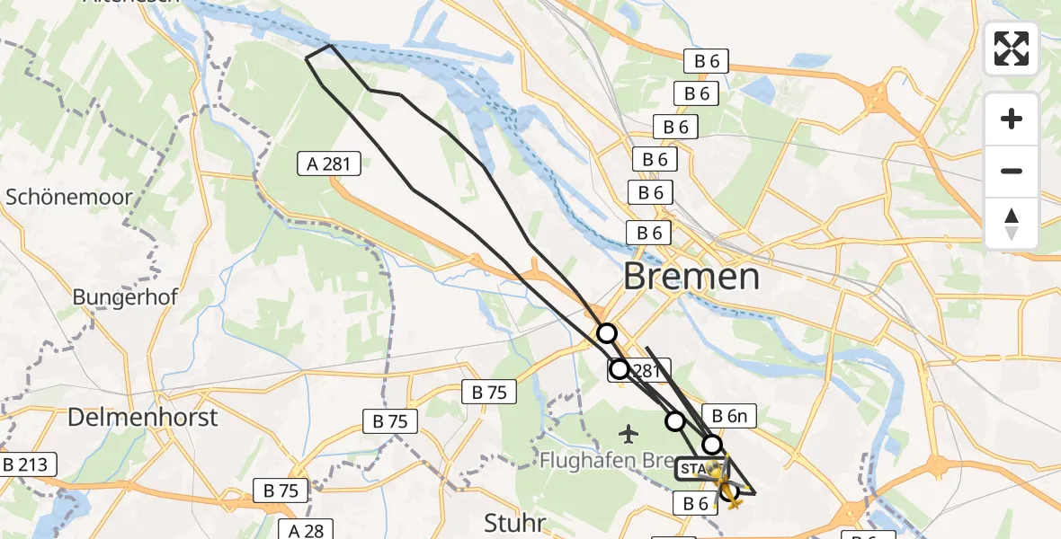 Flugroute Rettungshubschrauber Bremen - ADAC Air Rescue Station Bremen Hubschrauberlandeplatz (Christoph 6), 11 Juni 2026, 08:03
