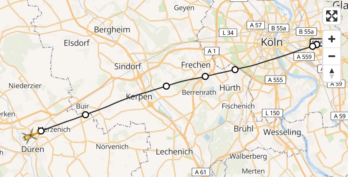 Flugroute Rettungshubschrauber Merheim Hospital - Düren, 11 Juni 2026, 08:03