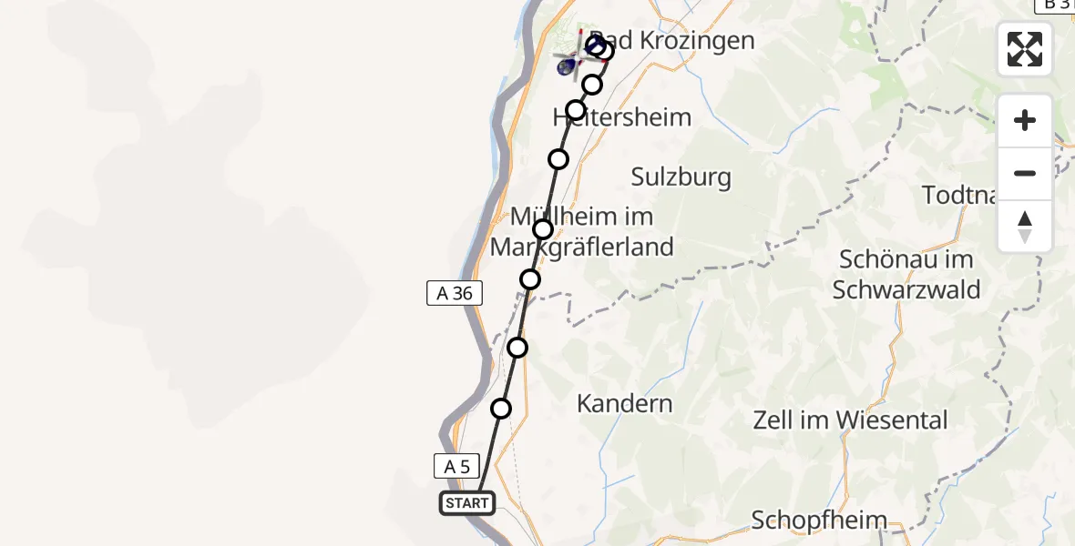 Flugroute Polizeihubschrauber Efringen-Kirchen - Hartheim am Rhein, 11 Juni 2026, 08:18