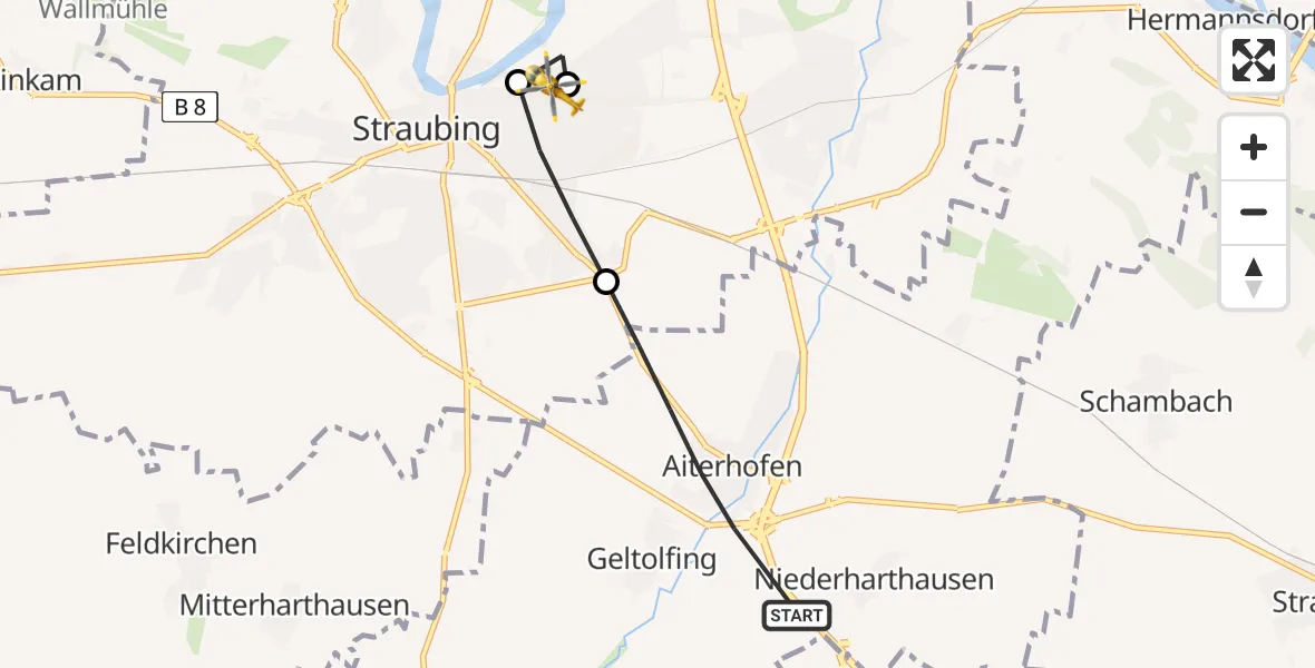 Flugroute Rettungshubschrauber Aiterhofen - Sankt Elisabeth Hospital Straubing, 11 Juni 2026, 08:18