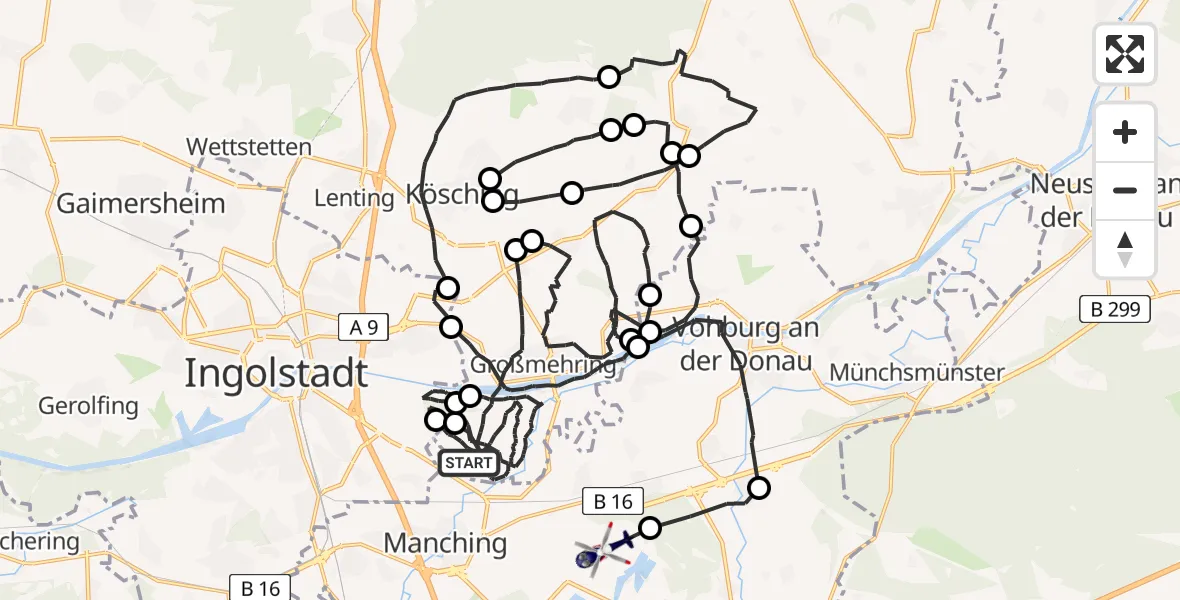 Flugroute Polizeihubschrauber Großmehring - Ernsgaden, 11 Juni 2026, 08:20