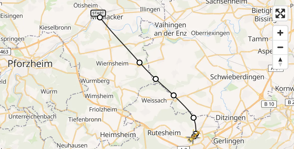 Flugroute Rettungshubschrauber Ötisheim - Leonberg Hospital, 11 Juni 2026, 08:20