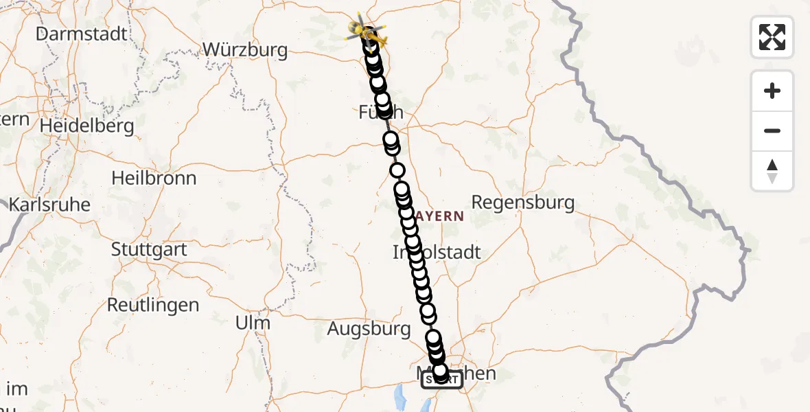 Flugroute Rettungshubschrauber DRF Air Rescue München Hubschrauberlandeplatz - Bamberg Hospital, 11 Juni 2026, 08:38