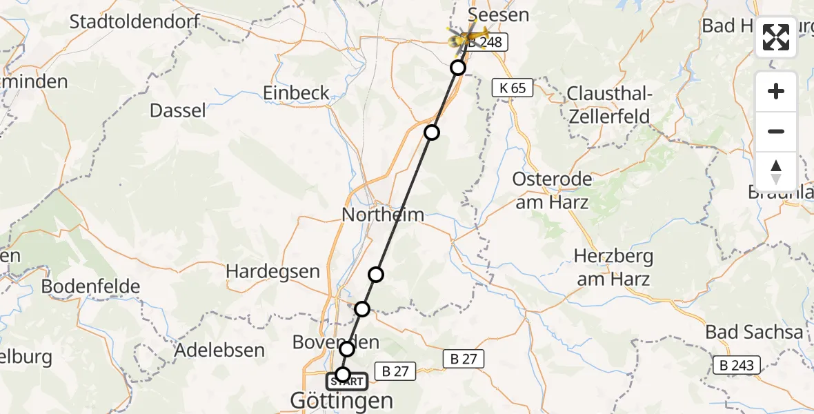 Flugroute Rettungshubschrauber Göttingen University Clinic Hubschrauberlandeplatz - Seesen, 11 Juni 2026, 08:43