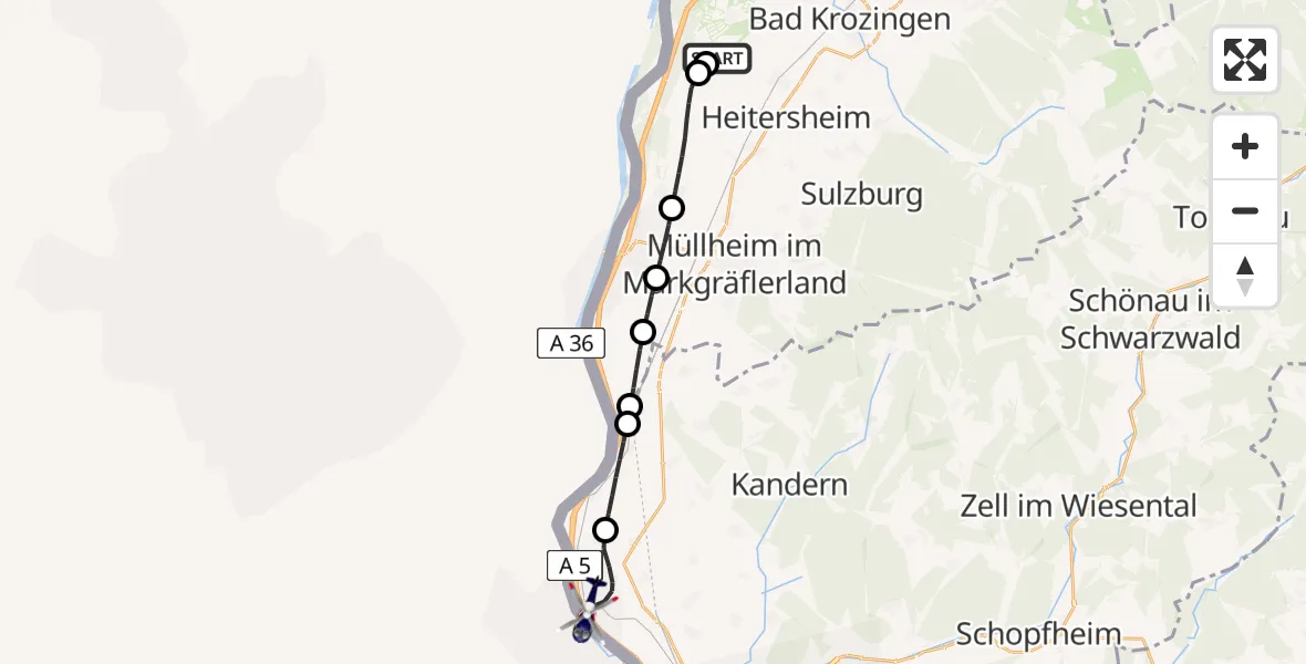 Flugroute Polizeihubschrauber Bremgarten Flugplatz - Efringen-Kirchen, 11 Juni 2026, 08:45
