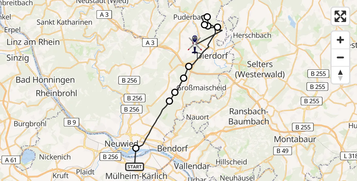 Flugroute Polizeihubschrauber Mülheim-Kärlich - Raubach, 11 Juni 2026, 08:45