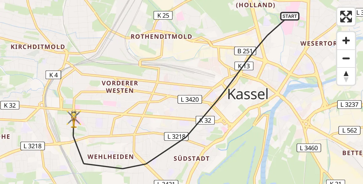 Flugroute Rettungshubschrauber Kassel - Kassel, 11 Juni 2026, 08:47