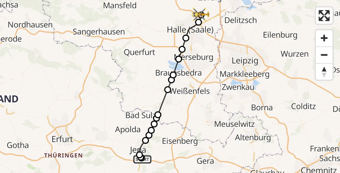 Flugroute Rettungshubschrauber Jena University Hospital - Halle-Oppin Flugplatz, 11 Juni 2026, 08:47