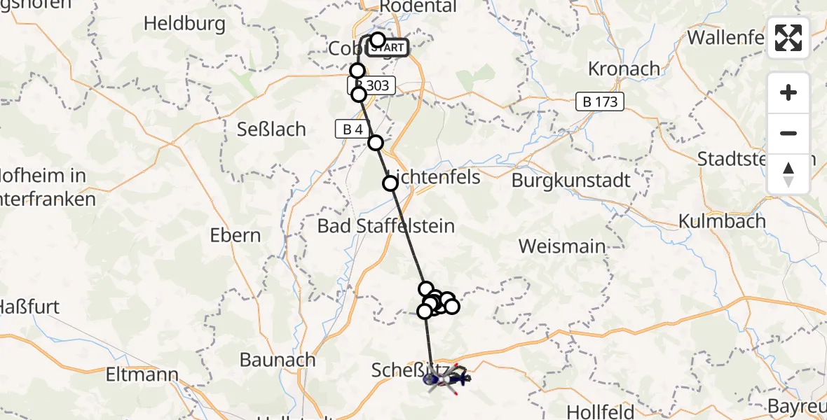 Flugroute Polizeihubschrauber Coburg-Brandensteinsebene Flugplatz - Scheßlitz, 11 Juni 2026, 08:56