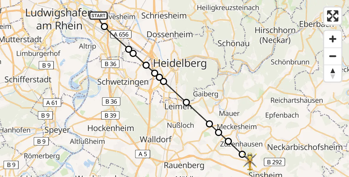 Flugroute Rettungshubschrauber Mannheim-City Flughafen - Sinsheim, 11 Juni 2026, 08:59