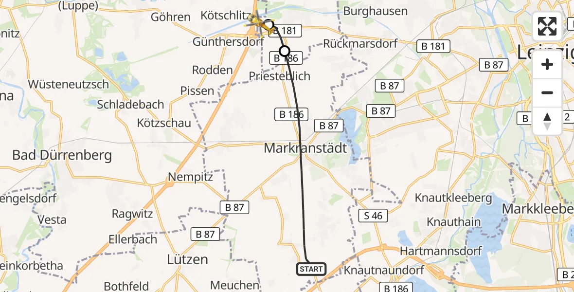 Flugroute Rettungshubschrauber Markranstädt - ADAC Air Rescue Station Leipzig/Schkeuditz-Dölzig Hubschrauberlandeplatz (Christoph 61), 11 Juni 2026, 09:03