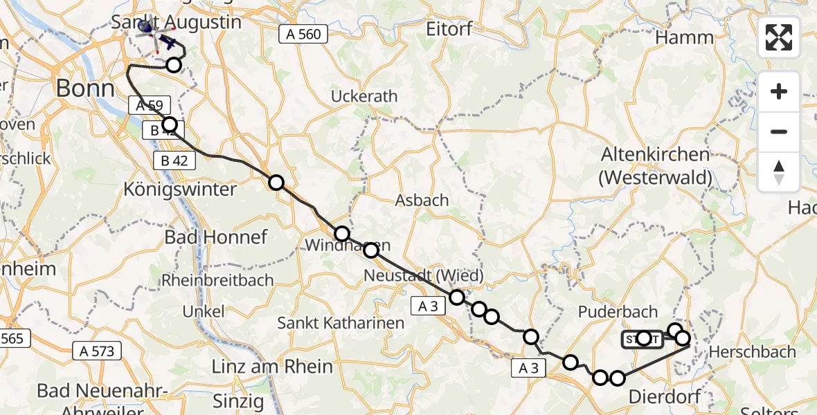 Flugroute Polizeihubschrauber Hanroth - Sankt Augustin, 11 Juni 2026, 09:04