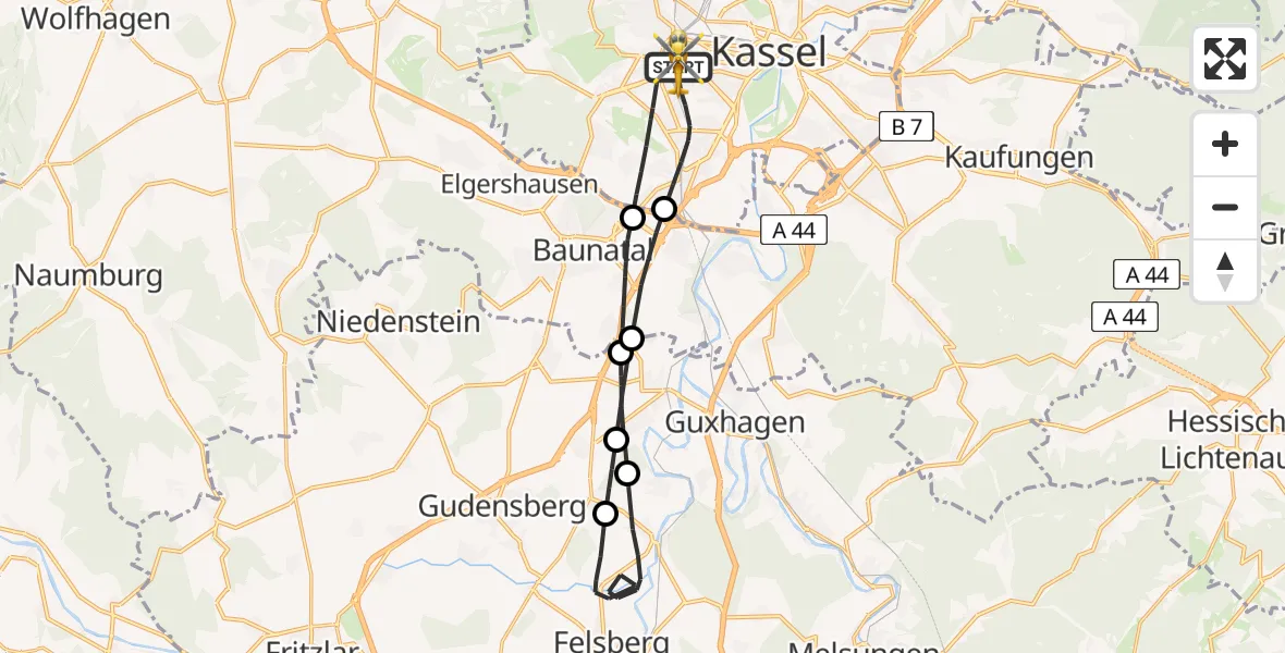 Flugroute Rettungshubschrauber Kassel - Kassel, 11 Juni 2026, 09:05