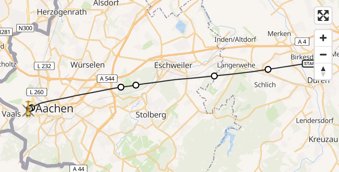 Flugroute Rettungshubschrauber Düren - Aachen Hospital, 11 Juni 2026, 09:06
