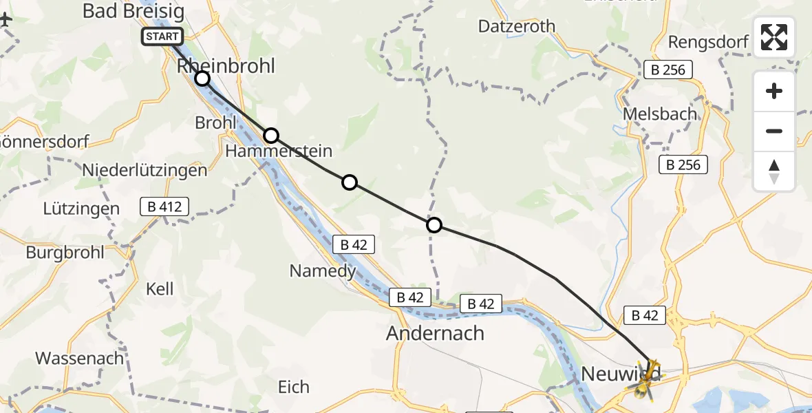 Flugroute Rettungshubschrauber Bad Breisig - Neuwied, 11 Juni 2026, 09:06