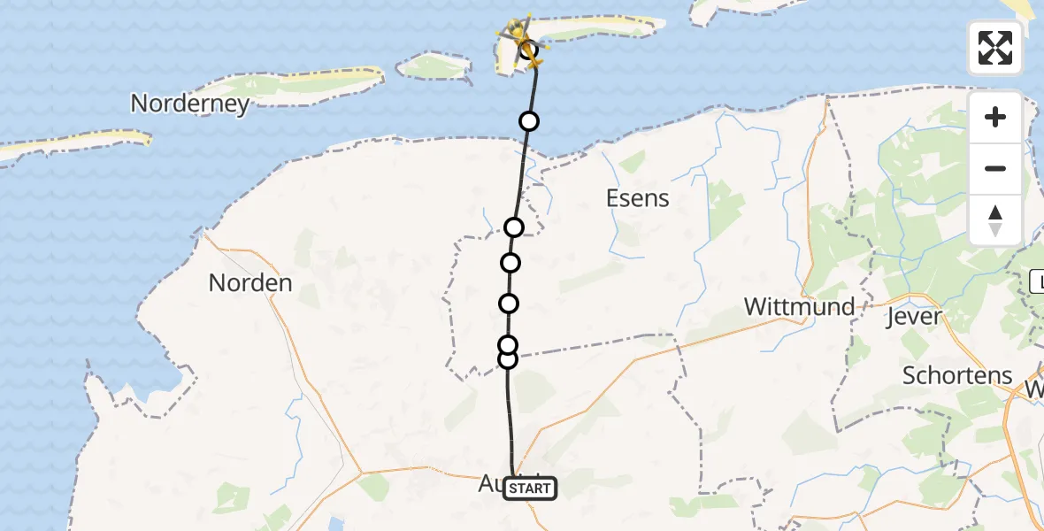 Flugroute Ambulanzhubschrauber Aurich - Langeoog Flughafen, 11 Juni 2026, 09:07