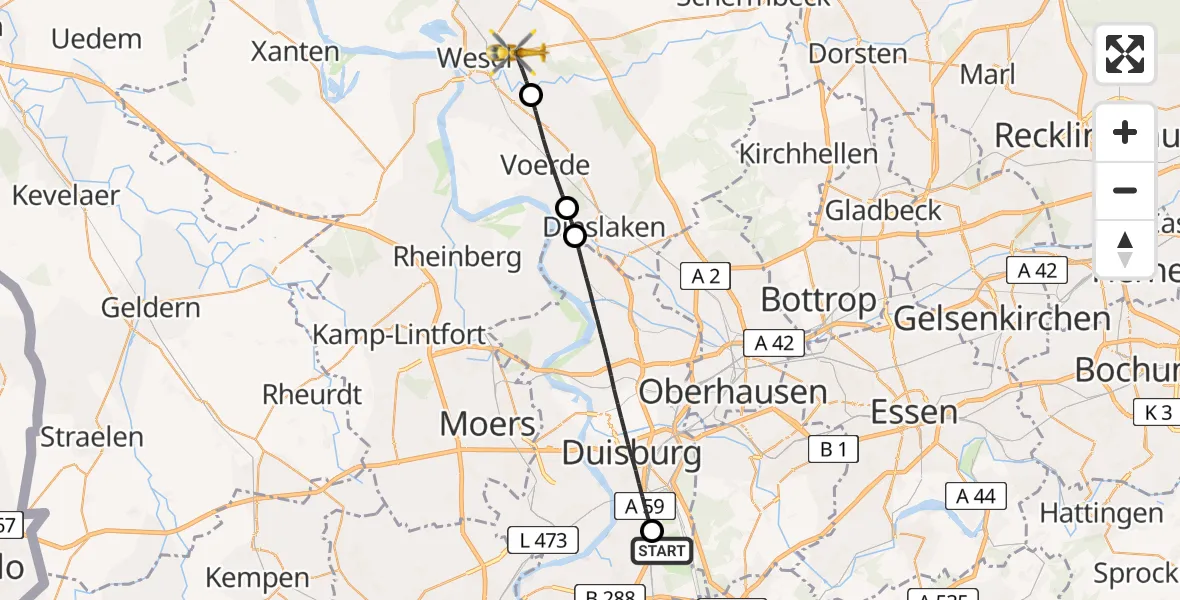 Flugroute Rettungshubschrauber Duisburg Air Rescue Hubschrauberlandeplatz (Christoph 9) - Wesel, 11 Juni 2026, 09:10