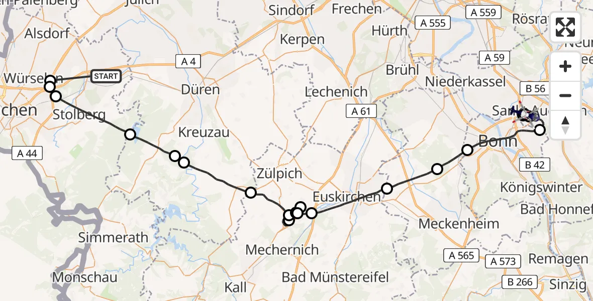Flugroute Polizeihubschrauber Eschweiler - Bonn-Hangelar Flugplatz, 11 Juni 2026, 09:11