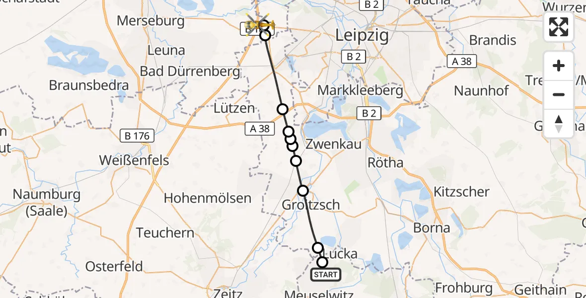 Flugroute Rettungshubschrauber Meuselwitz - ADAC Air Rescue Station Leipzig/Schkeuditz-Dölzig Hubschrauberlandeplatz (Christoph 61), 11 Juni 2026, 09:15