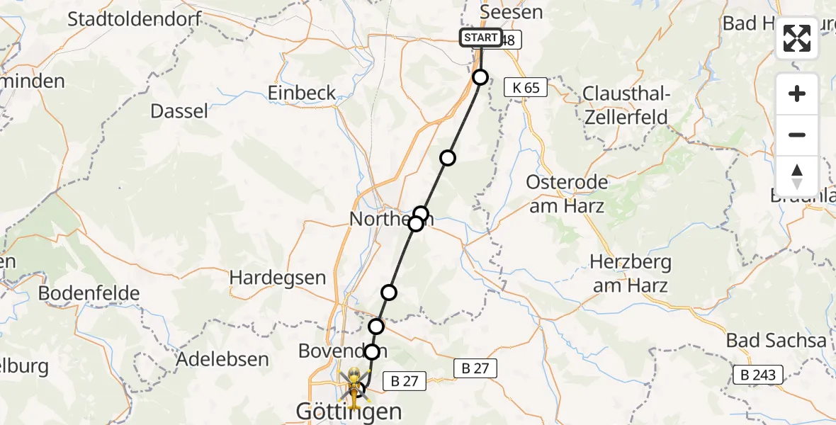 Flugroute Rettungshubschrauber Seesen - Göttingen University Clinic Hubschrauberlandeplatz, 11 Juni 2026, 09:20