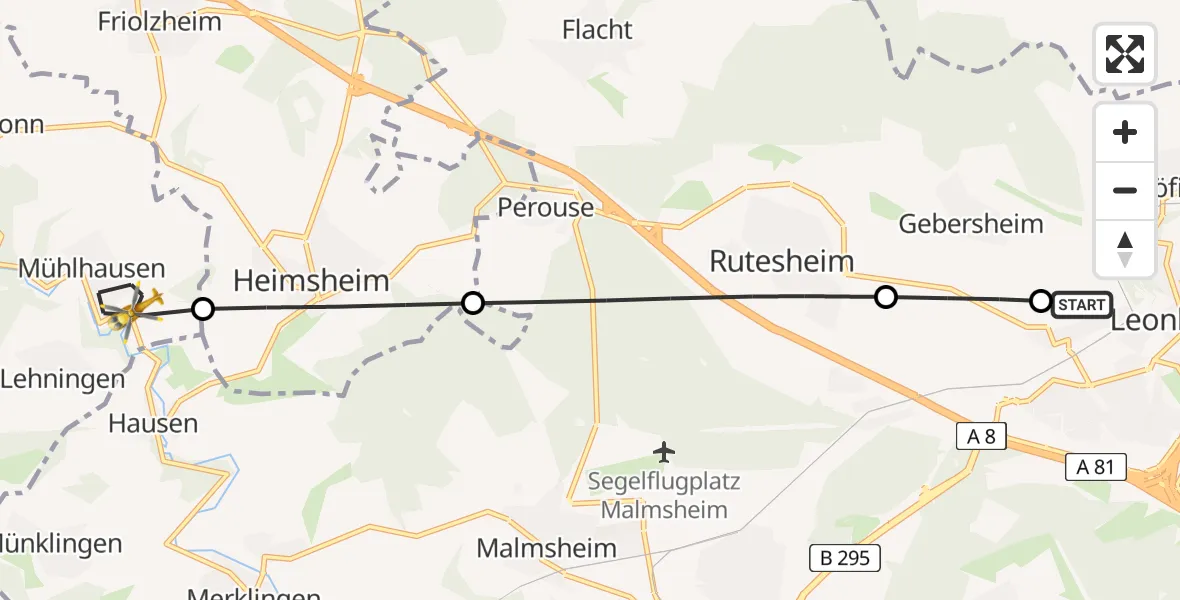 Flugroute Rettungshubschrauber Leonberg Hospital - Tiefenbronn, 11 Juni 2026, 09:21