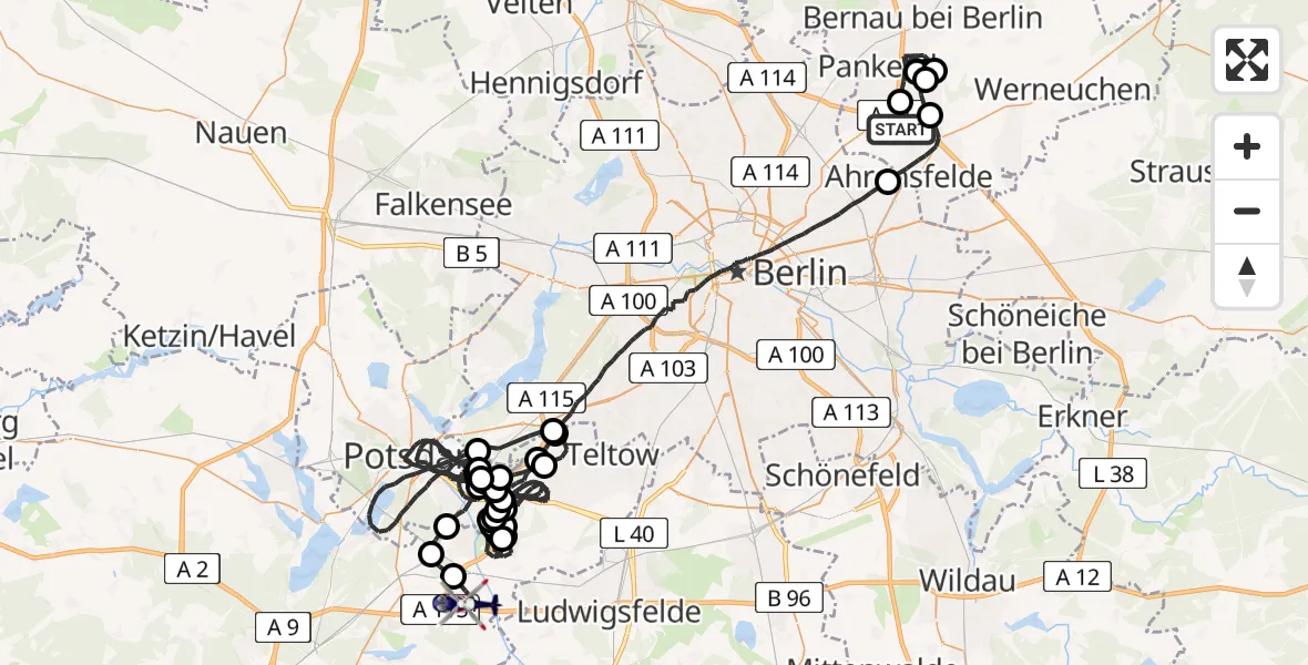 Flugroute Polizeihubschrauber Panketal - Nuthetal, 11 Juni 2026, 09:28