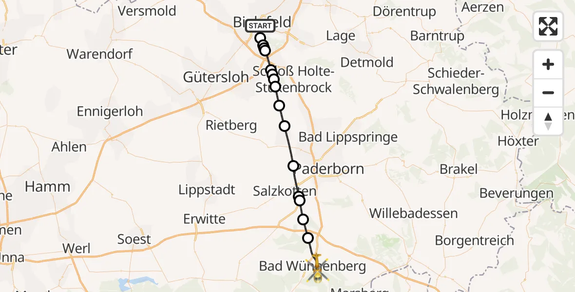Flugroute Rettungshubschrauber Bielefeld - Bad Wünnenberg, 11 Juni 2026, 09:33