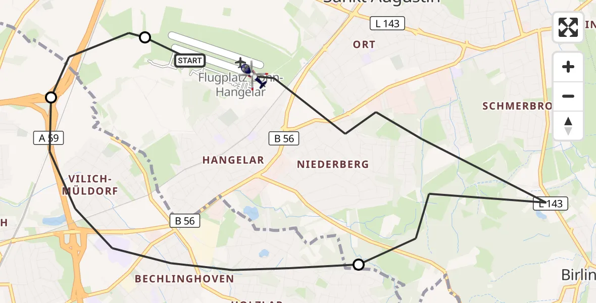 Flugroute Polizeihubschrauber Bonn-Hangelar Flugplatz - Bonn-Hangelar Flugplatz, 11 Juni 2026, 09:40