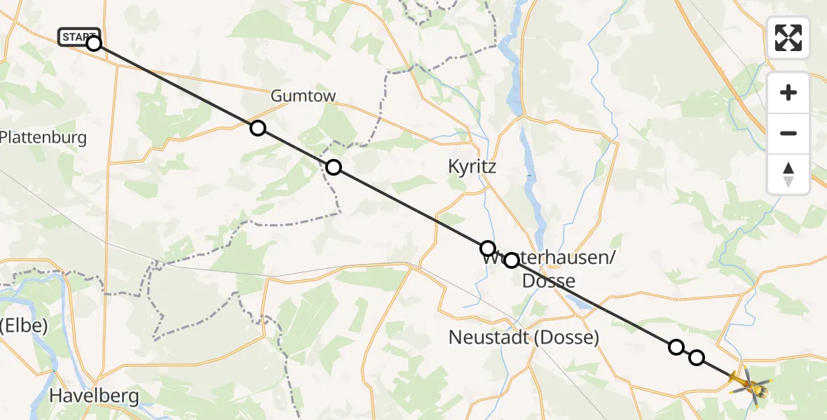 Flugroute Rettungshubschrauber Gumtow - Temnitztal, 11 Juni 2026, 09:42