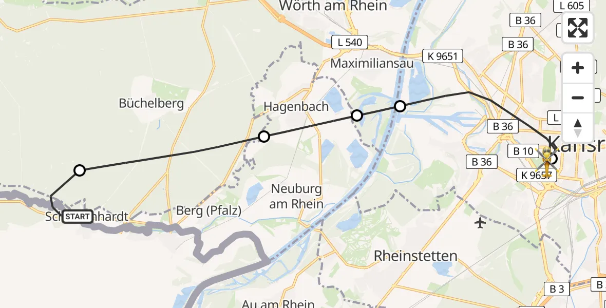 Flugroute Ambulanzhubschrauber Scheibenhardt - Sankt Vincentius Hospital, 11 Juni 2026, 09:42