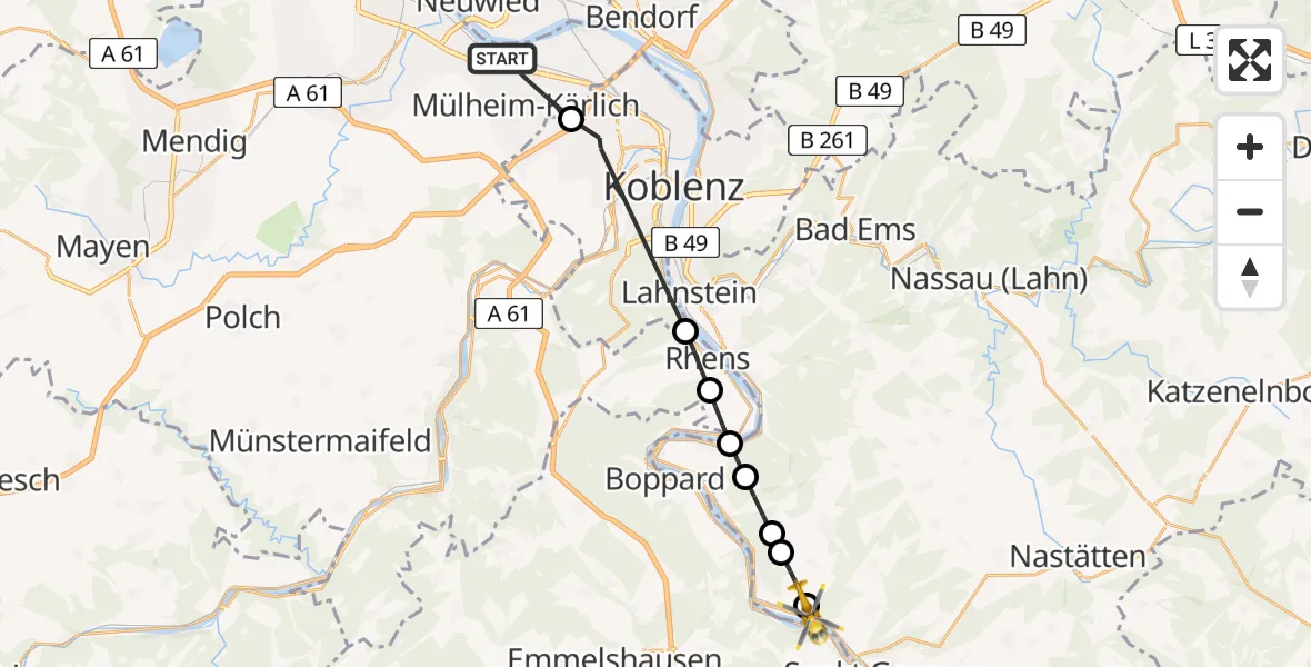 Flugroute Rettungshubschrauber Mülheim-Kärlich - Sankt Goarshausen, 11 Juni 2026, 09:44